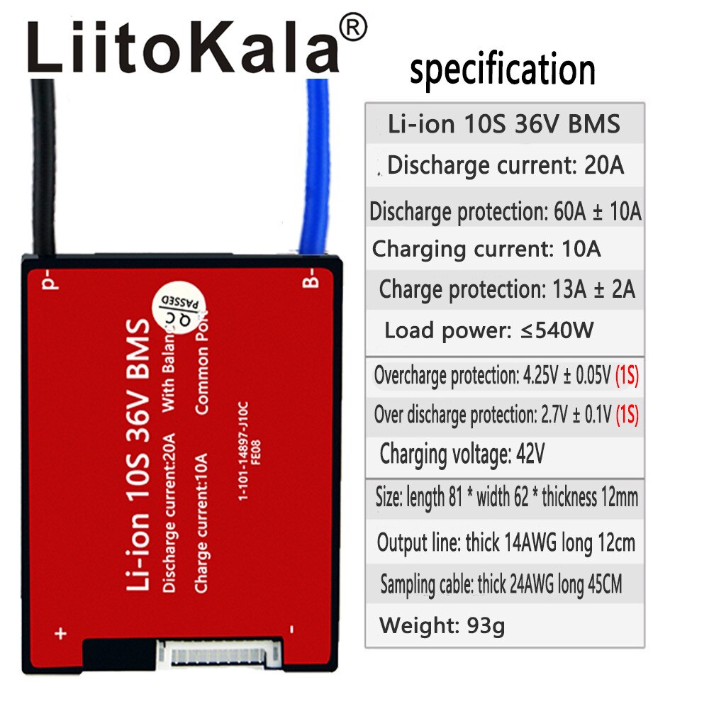 Liitokala Batterij Bms 10S 36V 20A Bms Gebruikt Voor 36V Batterij 20A Continu Met Balans Functie