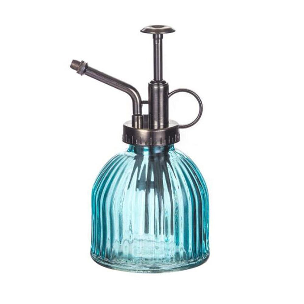 Retro glazen spuitfles, planten, bloemen, waterkan, tuinsproeier, pomp, mist, gieter, pot: Blauwe platte bodem