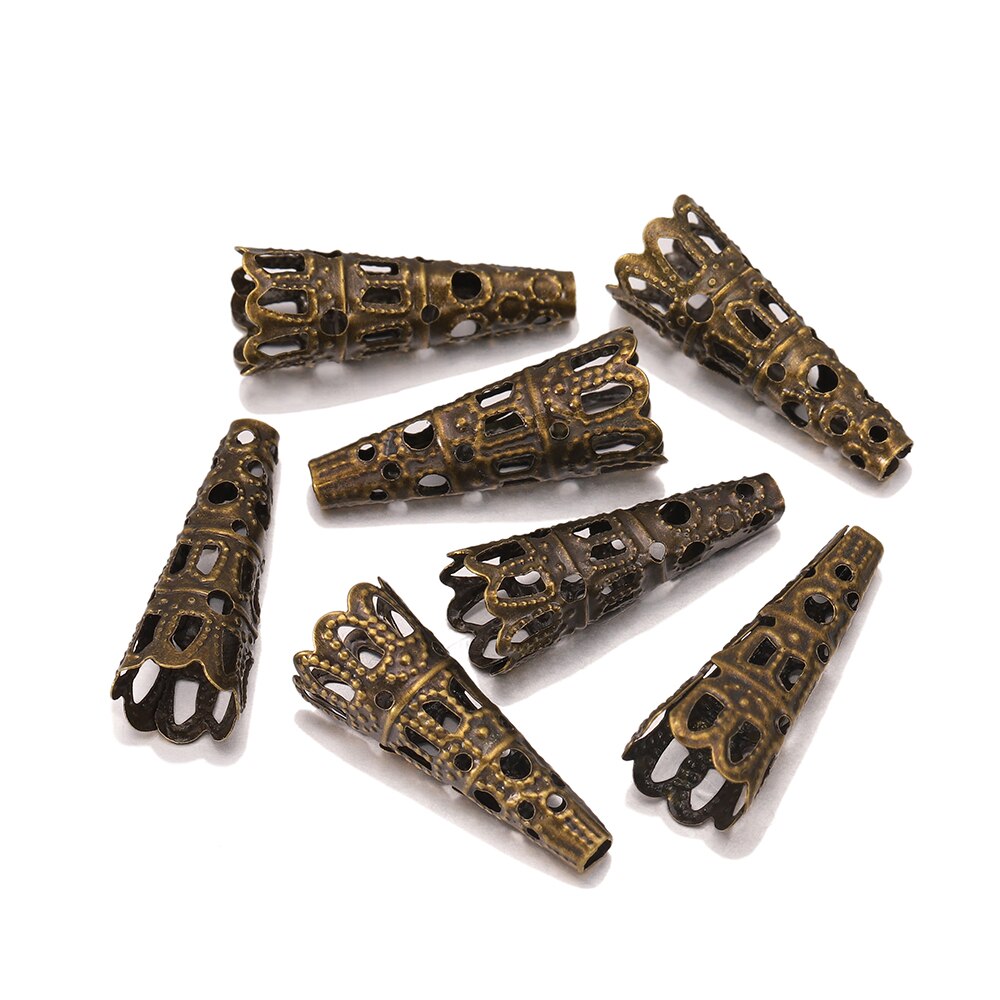 50pcs/lot 8x23mm Flower Torus Shape Alloy Beads Caps Charms Hollow Out Bugle Cone Filigree Bead End Caps For DIY Jewelry Making: Bronze