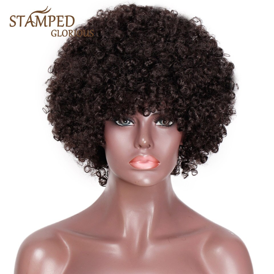 Stamped Glorious Synthetische Korte Pruik Met Pony Natuurlijke Afro Kinky Krullend Pruik Zwart/Blonde Pruik Voor Zwarte Vrouwen Cosplay pruik