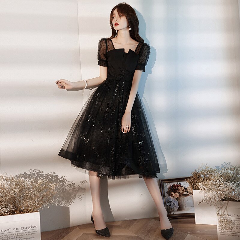 Black Retract Waist Formal Party Dress Sexy Lace Tulle Banquet Gown Square Neck Birthday Ball Gown Dress Robe De Soiree