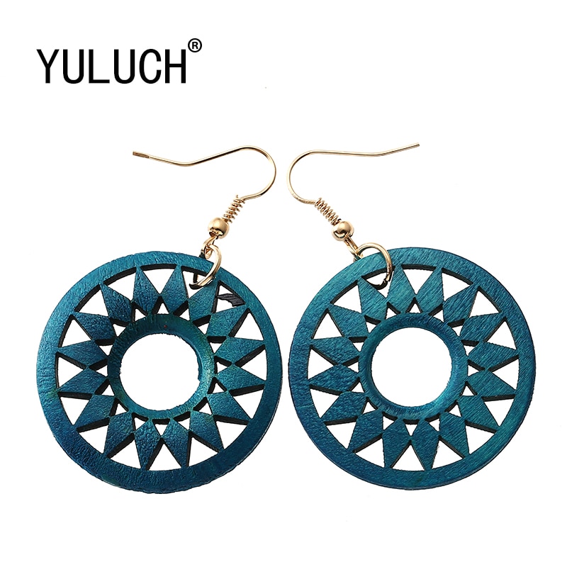 Yuluch 1 Paar Indiase Afrika Houten Oorbellen Voor Vrouwen Etnische Lange Houten Gear Earring Sieraden