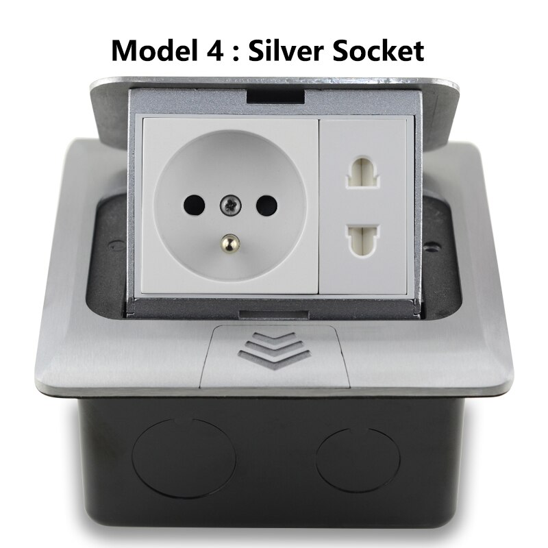 16A France Standard Socket Universal 2 Pin With USB Charging Port Pop-Up Floor Socket 2 Way Power Outlet Aluminum Alloy Office: Silver-Socket