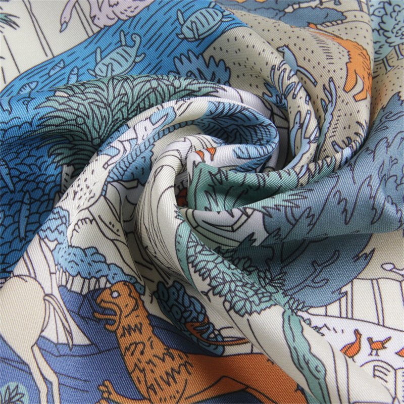 Silk Scarf Women Rainforest Animals Square Scarves Head Echarpes Silk Foulards Femme Wraps Beach Shawls Bandana Lady Hijabs 90CM