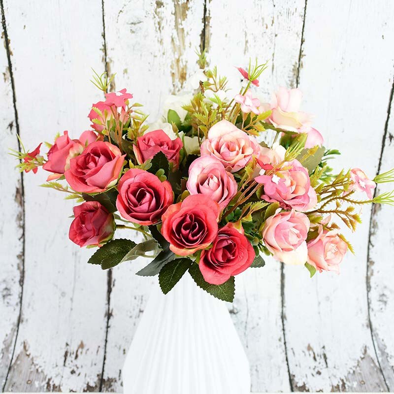 Ramo de flores artificiales Multicolor de 10 cabezas, rosas de seda falsas para decoración de hogar, jardín, , boda Vintage, 1 unidad