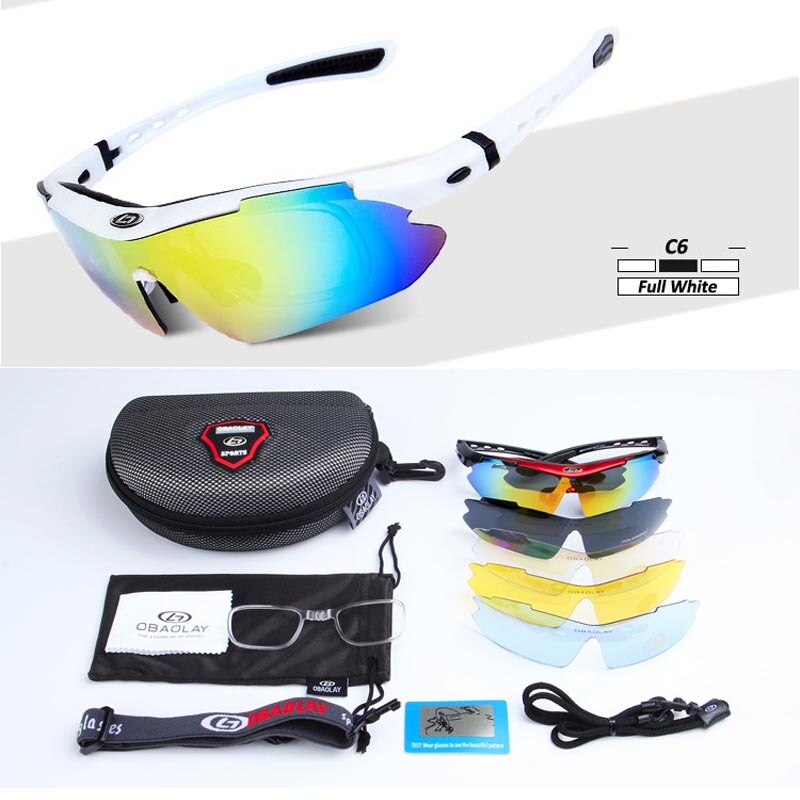 OBAOLAY Gepolariseerde Sport Mannen Zonnebril Road Fietsen Glazen Mountainbike Fiets Rijden Bescherming Goggles Eyewear 5 Lens: C6 Full White