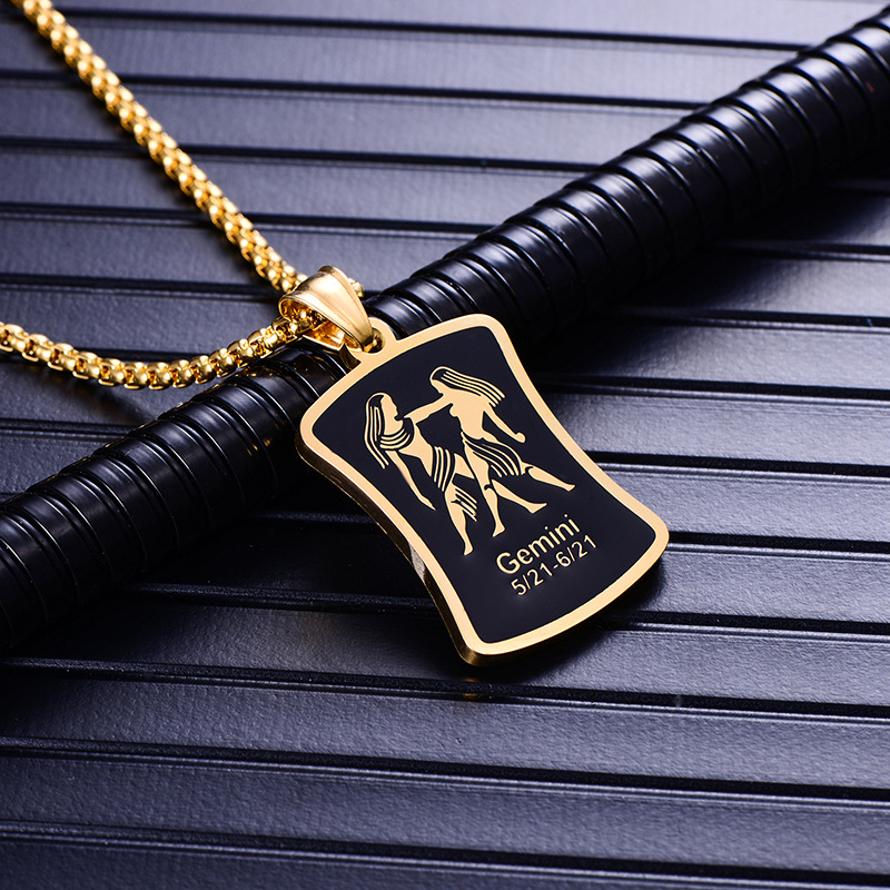 Zodiac sign 12 constellation pendant men necklace stainless steel male accessories gold simple silver necklace chain Square card