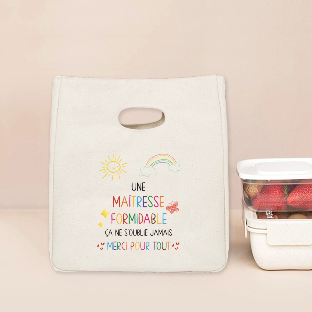 Merci Maitresse Print Lunch Bag Przenośna izolowana płócienna torba termiczna Bento Tote Thermal School Torby do przechowywania żywności Prezent dla nauczyciela
