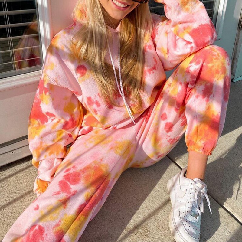 Women Jogging Suit 2 Pieces Tracksuit Tie-dye Printed Sweatsuit Casual Hoodie And Sweat Pants Two Piece Set Outfit