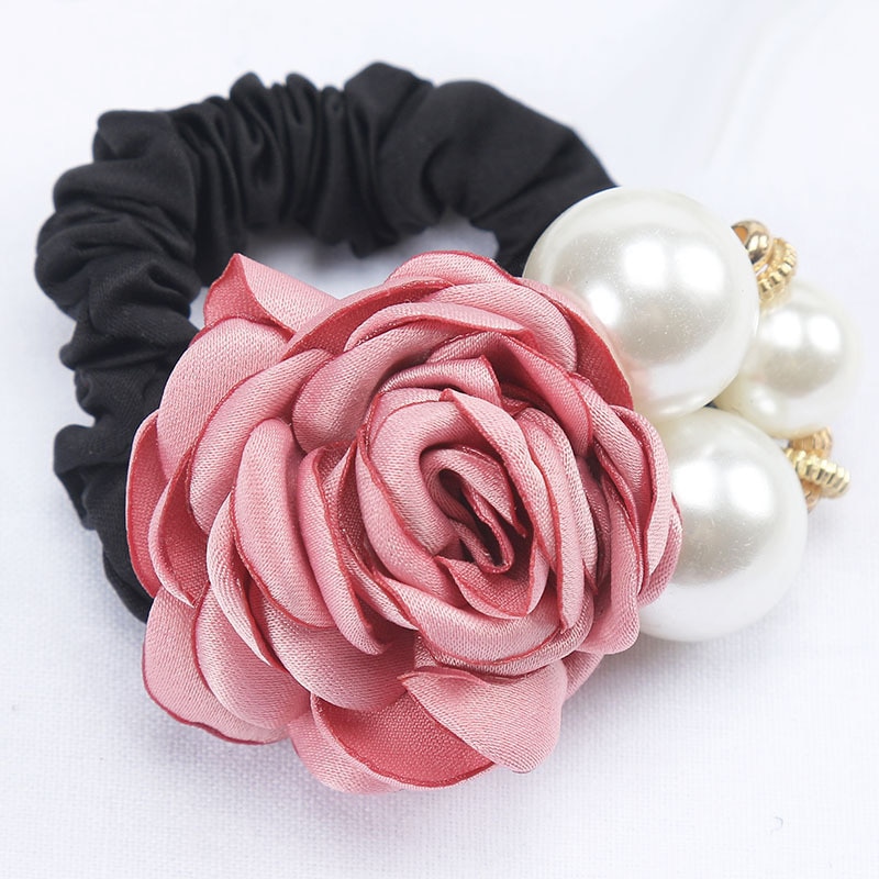 coréenne cheveux accessoires grande perle Rose fleur cheveux cravate camélia cheveux corde coiffe diamant-clouté élastique