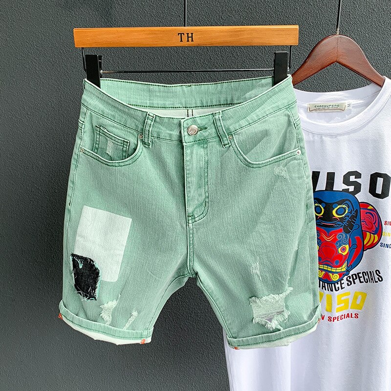 Green Denim Short Men Short Summer Cargo Jeans Short Men Casual Brand Classic Beach Men Hole Ripped Shorts: 36