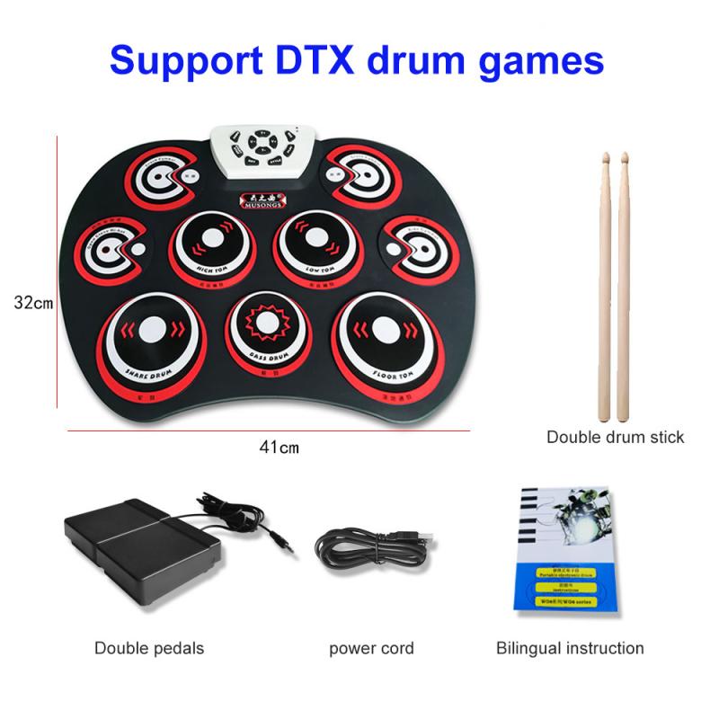 Drum Elektronische Drum Set Compact Size Usb Roll-Up Silicon Drum Pad Digitale Elektronische Drum Kit 9-Pad met Drumsticks Voet Pedalen: YELLOW