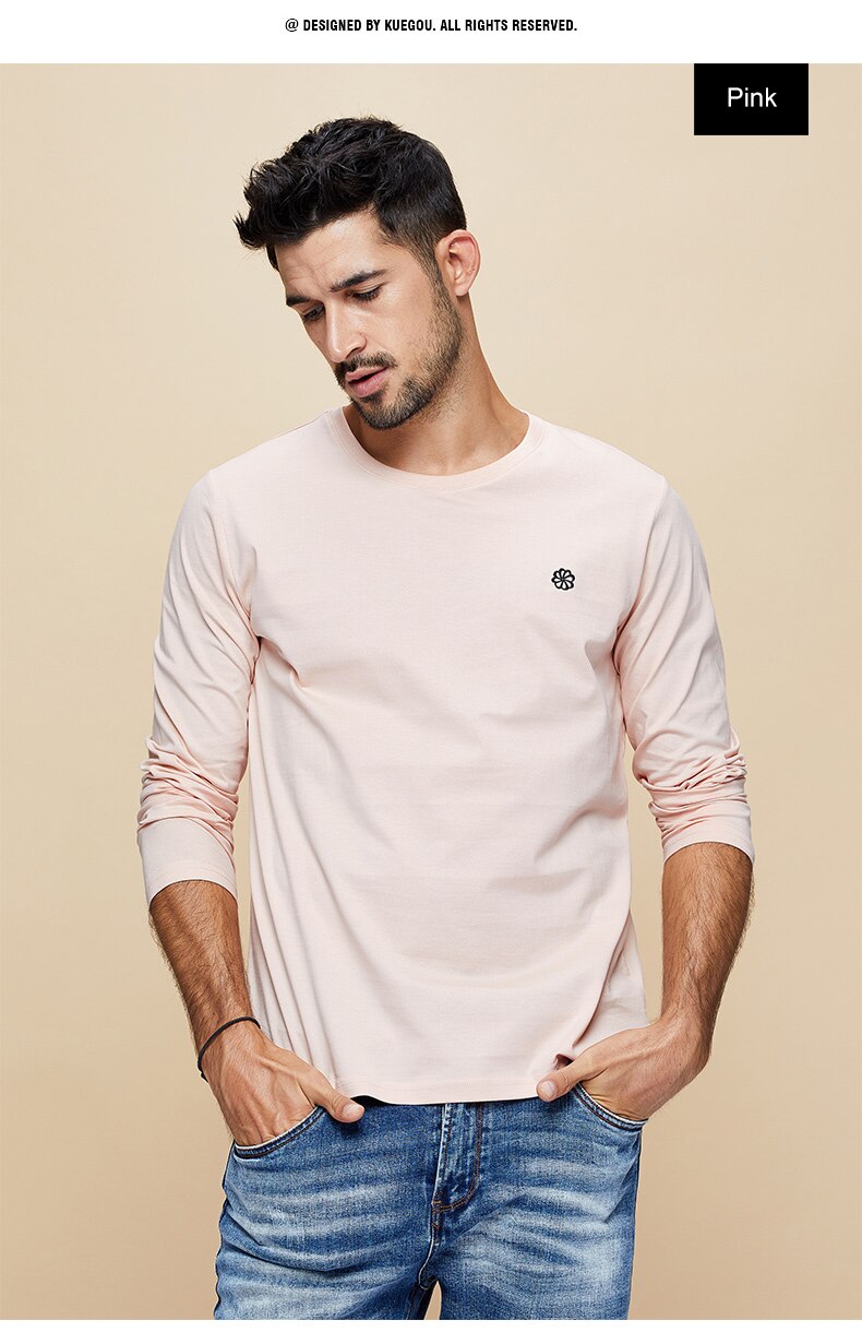 KUEGOU 100% baumwolle männer T-Shirt lange hülse herbst vertraglich stickerei übertragen unliniertes oberes kleid oben Plus größe ZT-496: Rosa / M