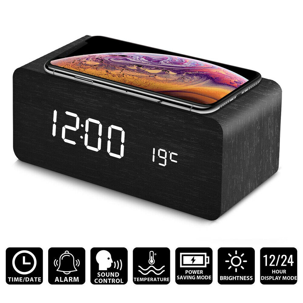 Modern Wooden Wood Digital LED Desk Alarm Clock Thermometer Wireless Charger: Black