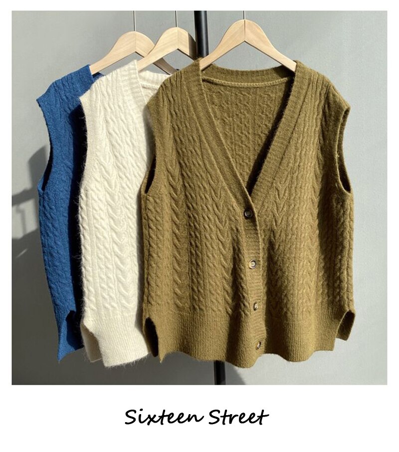 Mouwloos gebreid vest dames losse v-hals trui dames vintage kleding effen knoop winter en herfst korea