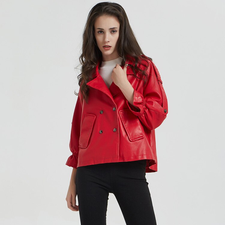 Flare Sleeve Faux Leather Jacket Women Double Breasted Short Punk Style Jackets Female Bomber Basic Outwear