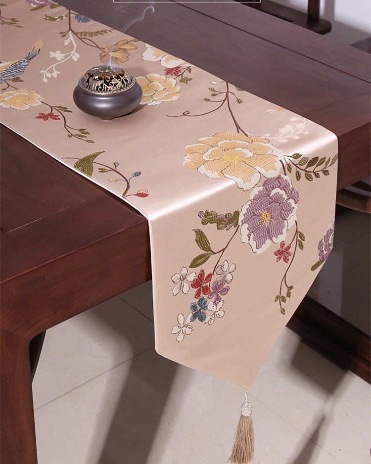 Chinese Style Magpie and Flowers Table Runner Bird Treetop Embroidery Table Flag Decoration for Party Wedding with Tassels: Khaki