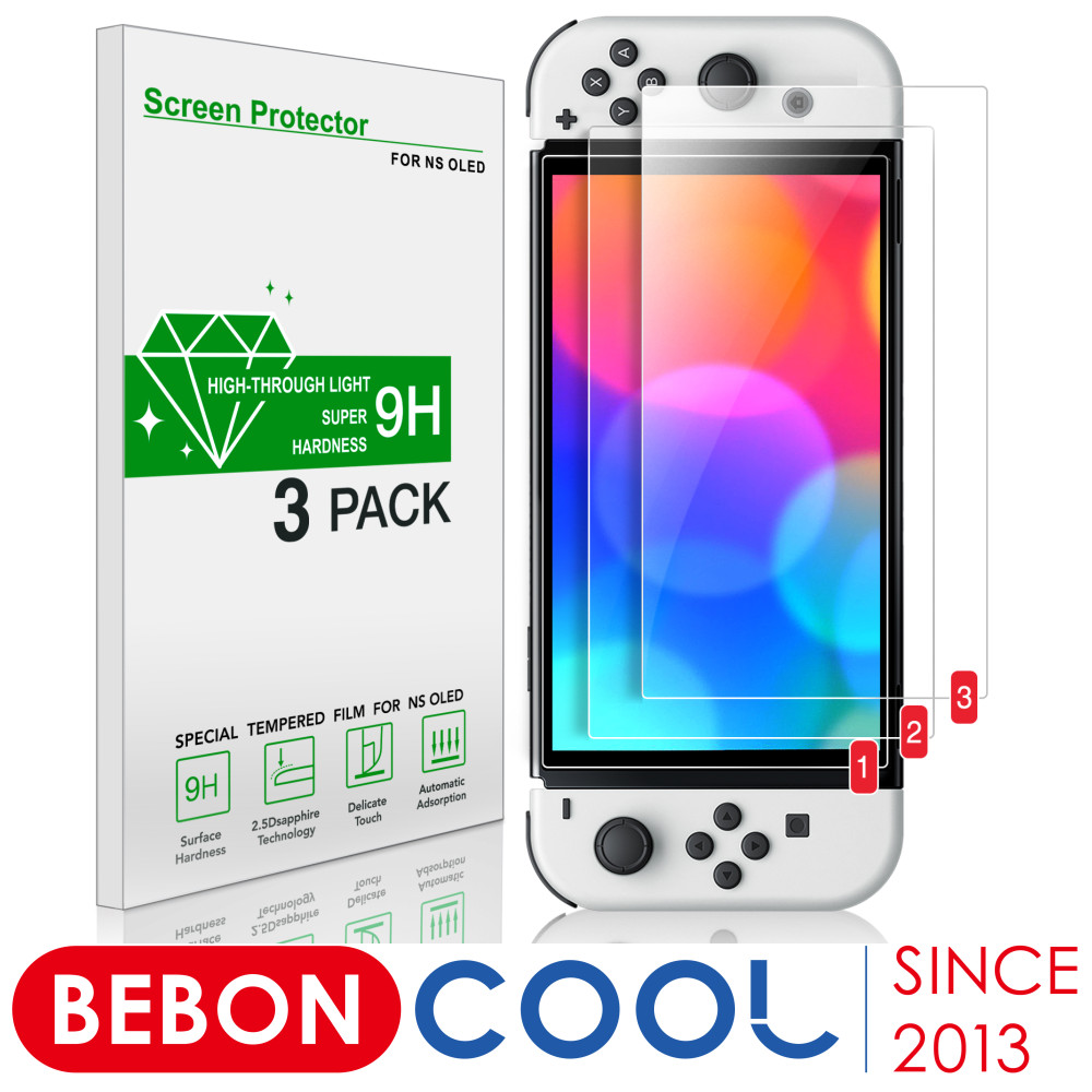 3pc 9h tempered glass screen protector for nintendo switch oled ns, glass accessory film