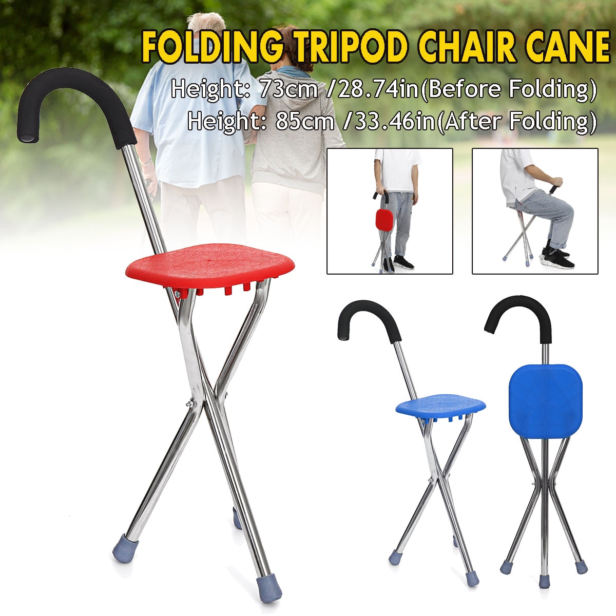 Folding Outdoor Travel Cane Seat Crutch Walking Stick Chairs Portable Tripod Stool Portable Elder Mobility Aids Tools Blue Red