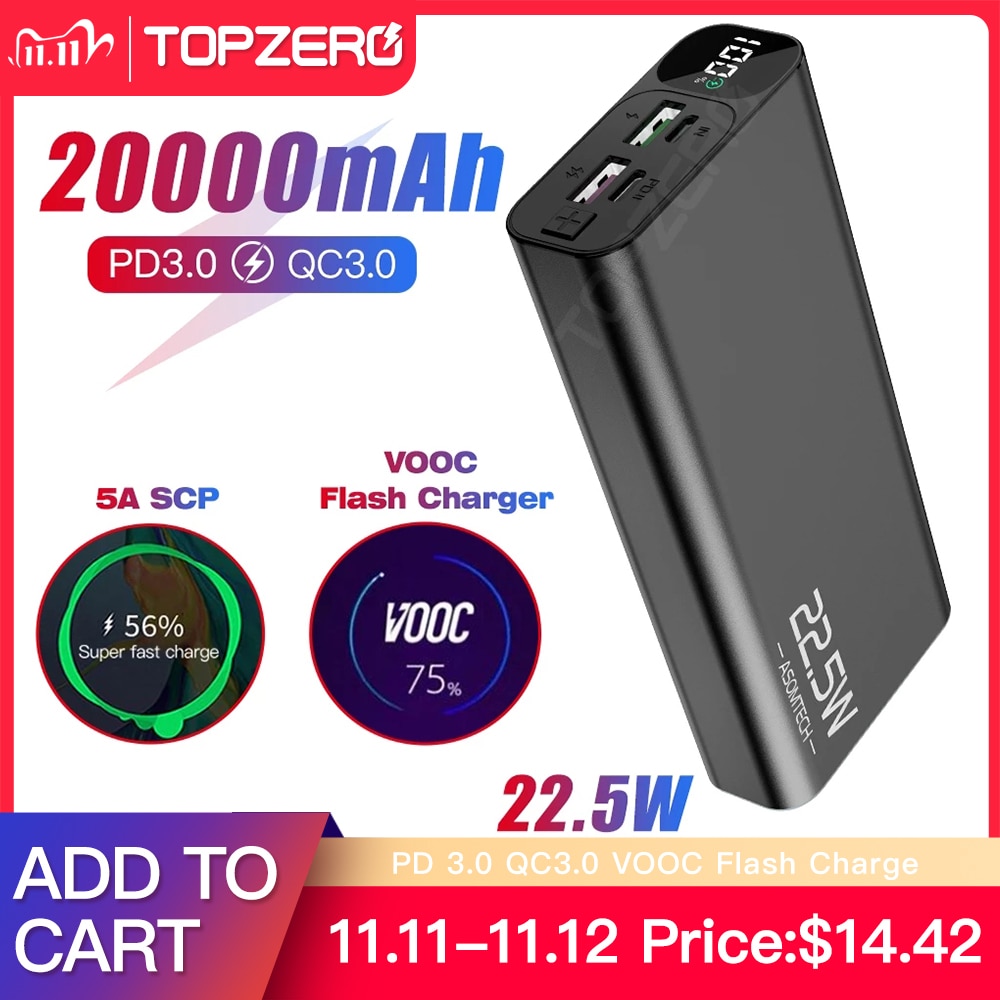 TOPZERO 20000mAh Power Bank PD QC 3.0 VOOC 22.5W Super Fast Charger Digital Display Portable Charger Powerbank For Mobile Phones