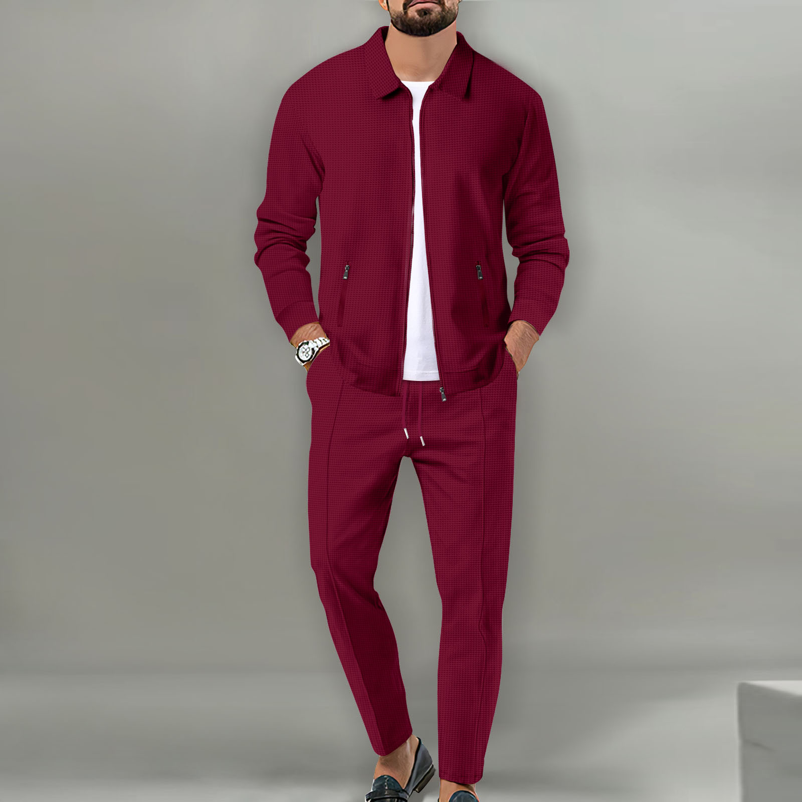 Chaqueta ajustada con bolsillo de cremallera para hombre, ropa deportiva de manga larga, conjunto de chaqueta de cárdigan, pantalones largos, , conjunto de dos piezas: M / Borgoña