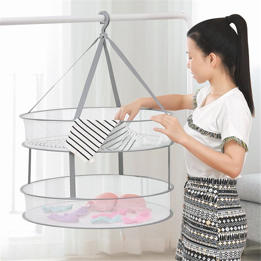 Windproof Clothes Dryer Drying Rack for Sweaters Hanging Laundry Basket Mesh Folding Nets Double Layer