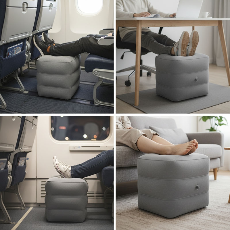 1pc Three-Layer Flocked Pvc Inflatable Footstool Adjustable Portable Ergonomic Footrest Pillow for Train Plane Air Cushion