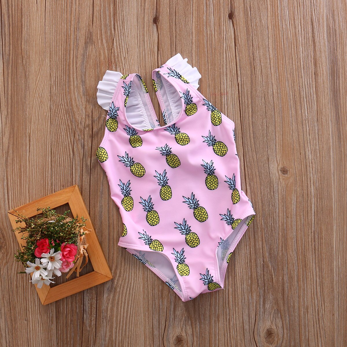 Sommer kawaii ananas ananas trykt baby jenter klær tilbake bue volanger låve beachwear klær