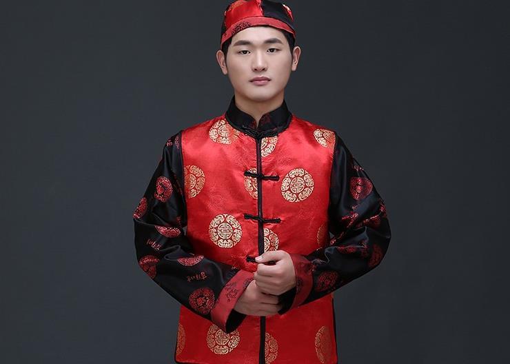 Mens Chinese Traditional Wedding Dress Clothing Set Vest + Robe + Hat Groom Toastmaster Clothing Tang Suit Costume For Men