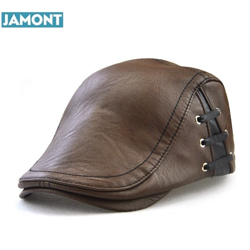 Jamont originale herrehat vintervisir kasket pu læder hatte baret bandage gorras mænd kasketter vinterkaskette: Let kaffe