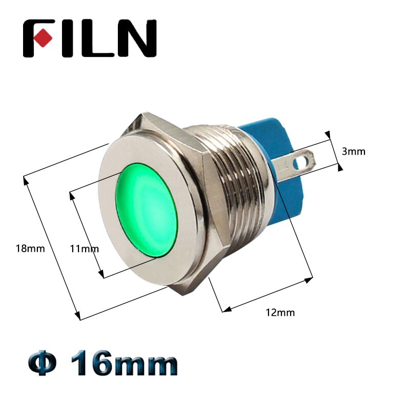 Filn 16mm 12v 24v ledet metallindikatorlys rød grønn blå hvit gul advarselsmetall signallampe pilotlampe 110v 220v