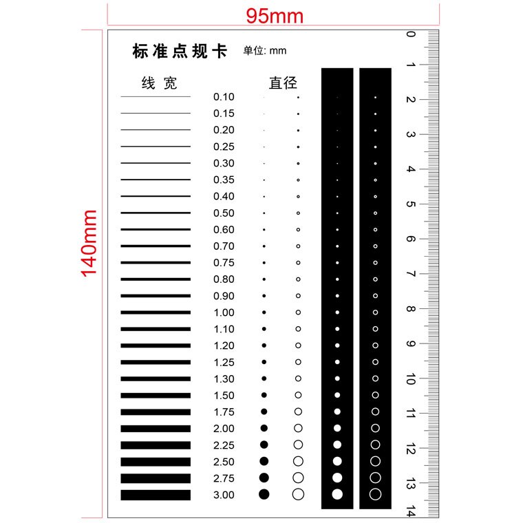 65x100mm Standard Point Gauge Film Ruler Line Width Diameter Area Comparison Card Micrometer for Defect Detection: 10