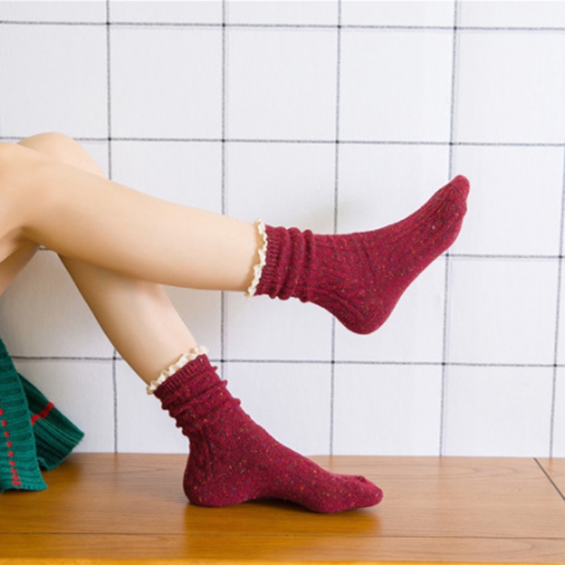 Damen-socken im japanischen retro-stil mit spitze, süße, dicke flor-socken, herbst- und wintersocken