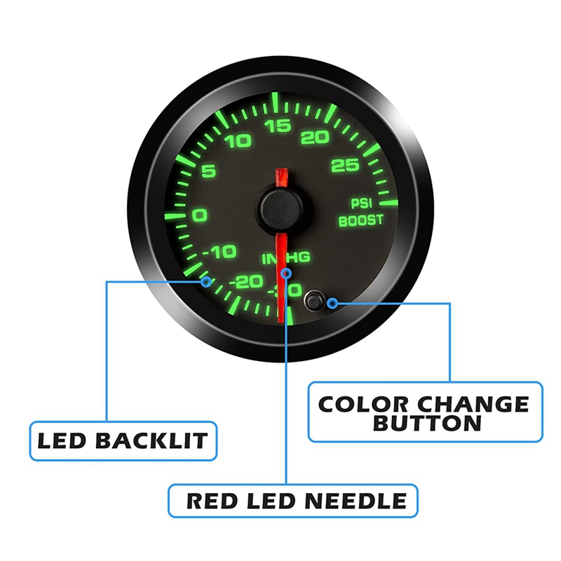kit manometro turbo aumento, 7 colori 30 Psi 12V auto turbo aumento metro misura con quadrante nero per camion auto, 2-1/2 pollici