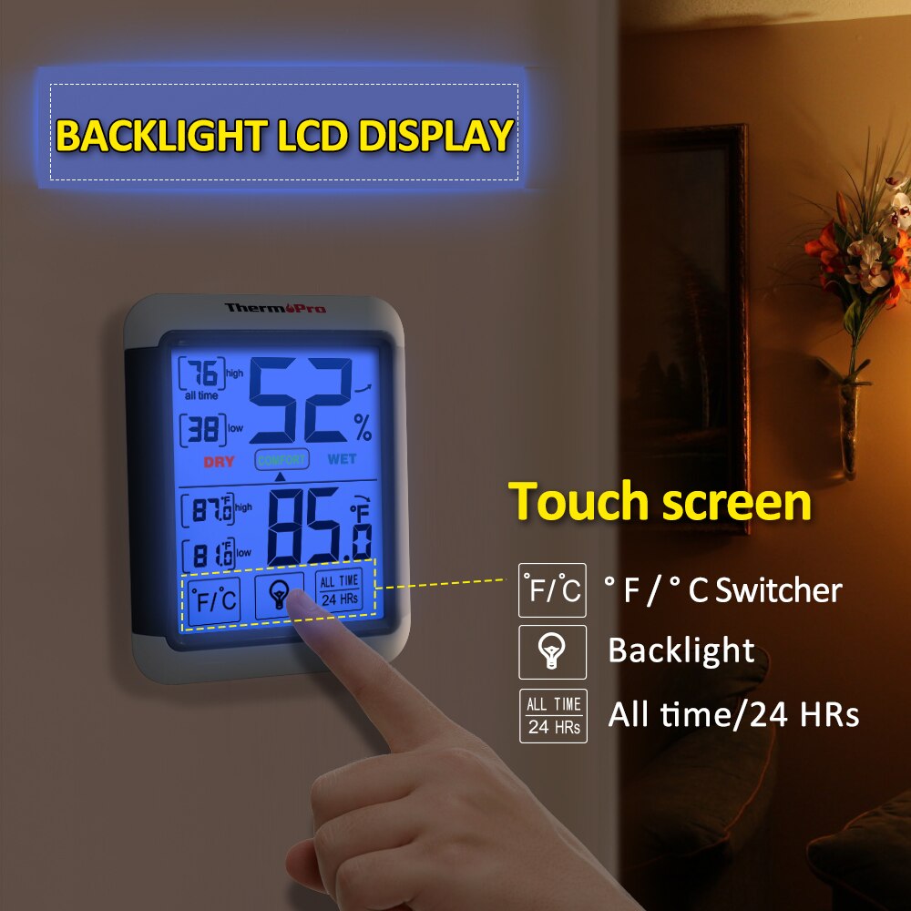 Thermopro  tp55 digitalt termometer hygrometer indendørs udendørs termometer med berøringsskærm og baggrundsbelysningstemperatur fugtighed