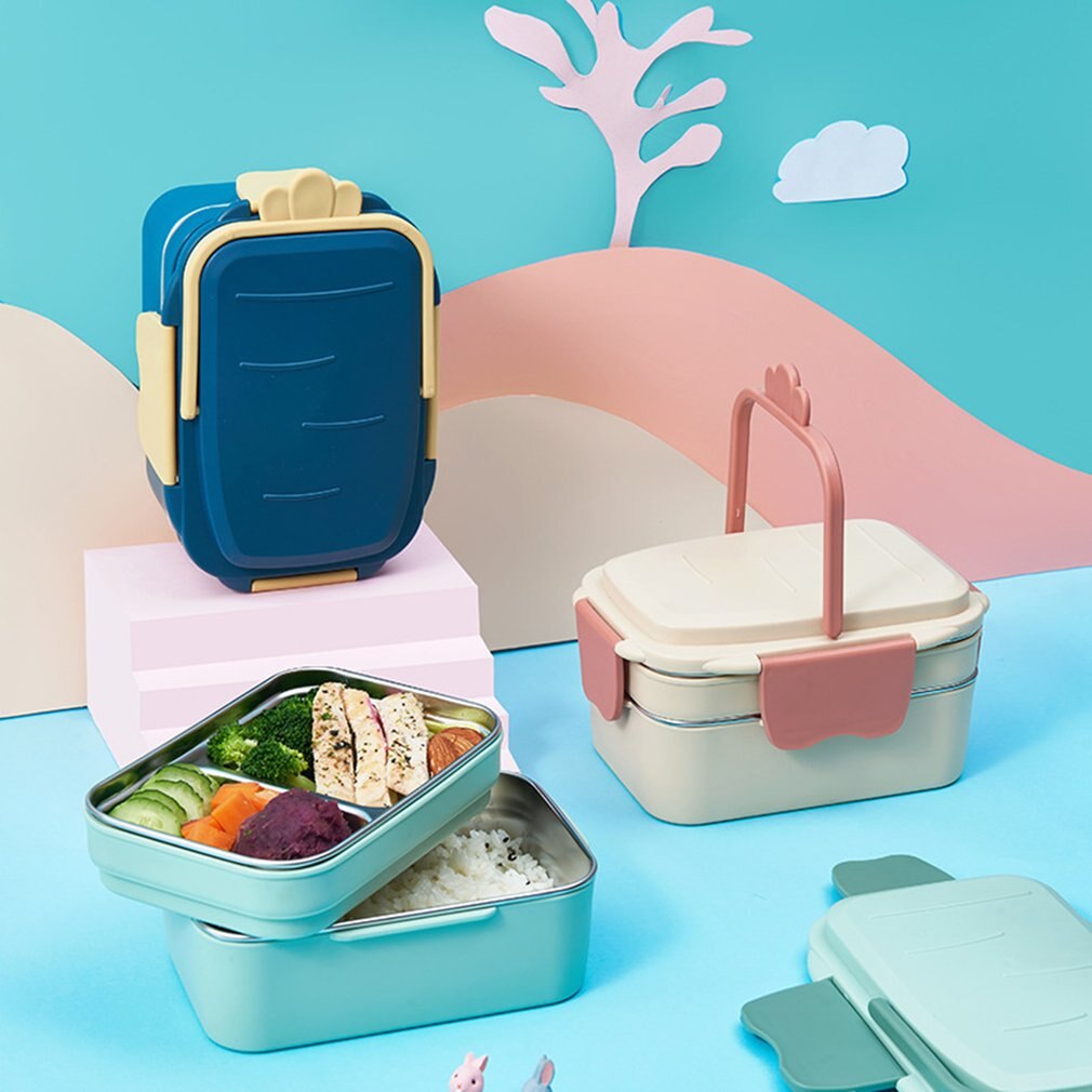 Double-Layer Lunchbox Rvs Food Storage Container Draagbare Lekvrije Silicone Ring Lunchbox Cartoon Servies