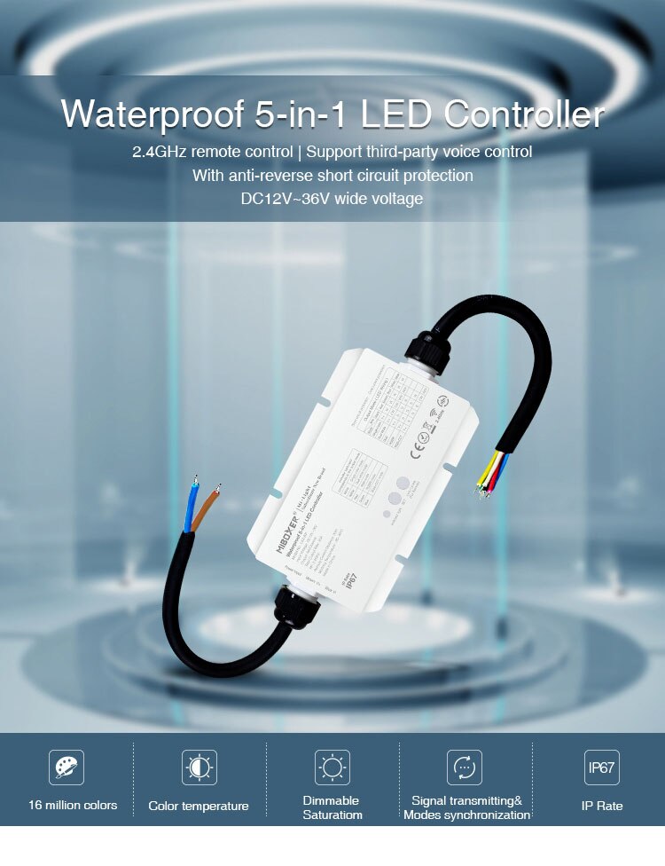 Miboxer LS2-WP 5 IN 1 Smart Led Controller LS2 IP67 Waterproof DC12V 24V For Single Color /CCT/RGB/RGBW/RGB+CCT Led Strip Light