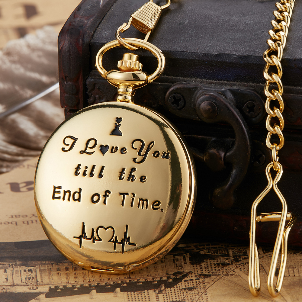 Reloj de bolsillo de cuarzo, de aniversario, reloj de bolsillo grabado I LOVE YOU con colgantes con collar de cadena, reloj de