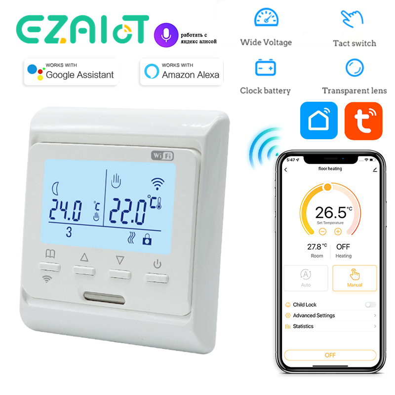 Termostato programable de suelo de calor WiFi, 220V, 16A, controlador de temperatura de calefacción por suelo radiante eléctrico para el hogar, Control por aplicación remota