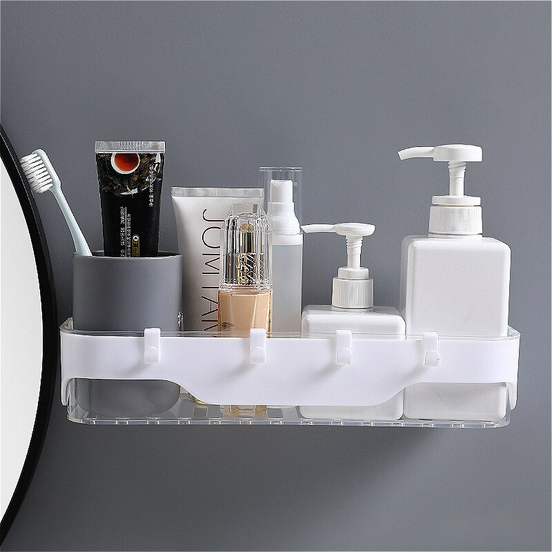 Wall-mounted Storage Rack Bathroom Shelf For Kitchen With Hooks Storage Bathroom Accessories Without Drill Plastic Container: Transparent