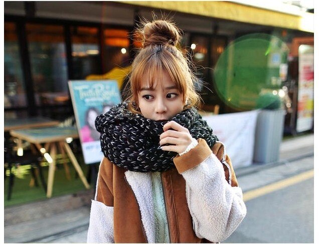 estilo coreano bufanda de punto para mujer pudín de Tapioca para estudiantes estilo bufanda de hilo grueso bufanda larga para hombres: Black