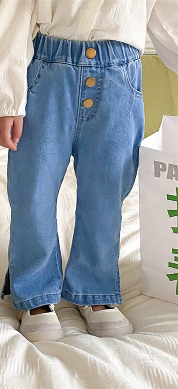 Pantalones vaqueros con botones decorados para niña, pantalón informal, acampanado que combina con todo, para primavera y otoño: 2T