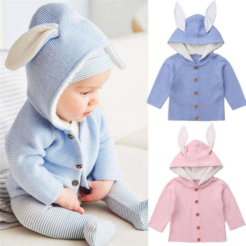 Newborn Toddler Baby Girls Boy Knitted Sweater Cardigans Single Breasted Coat Hooded Rabbit Ear Outerwear