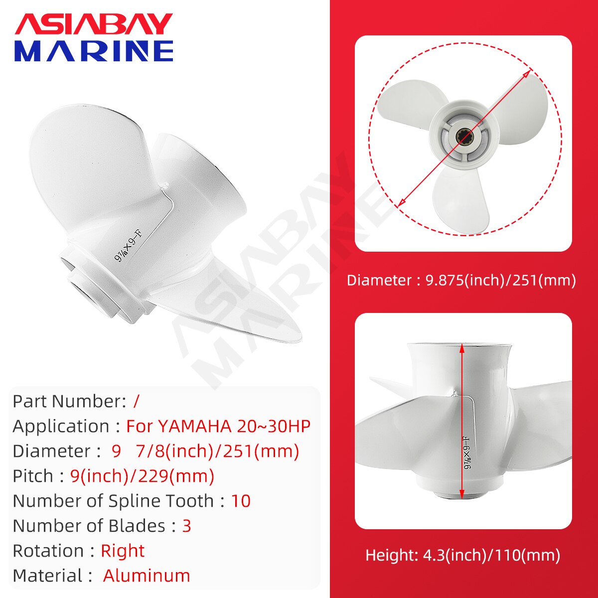 9 7/8*9 Outboard Propeller For Yamaha 20hp 25hp 30hp Boat Motor Aluminum Alloy 20 25 30 Screw 3 Blade 10 Spline Engine Part