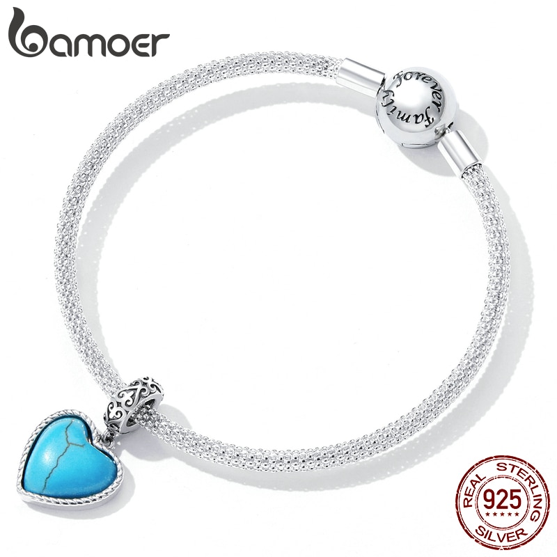 Bamoer Blauw Liefde Turquoise Hanger Echt 925 Sterling Zilveren Hart Charme Voor Zilveren Armband &amp; Armband Fijne Sieraden Maken