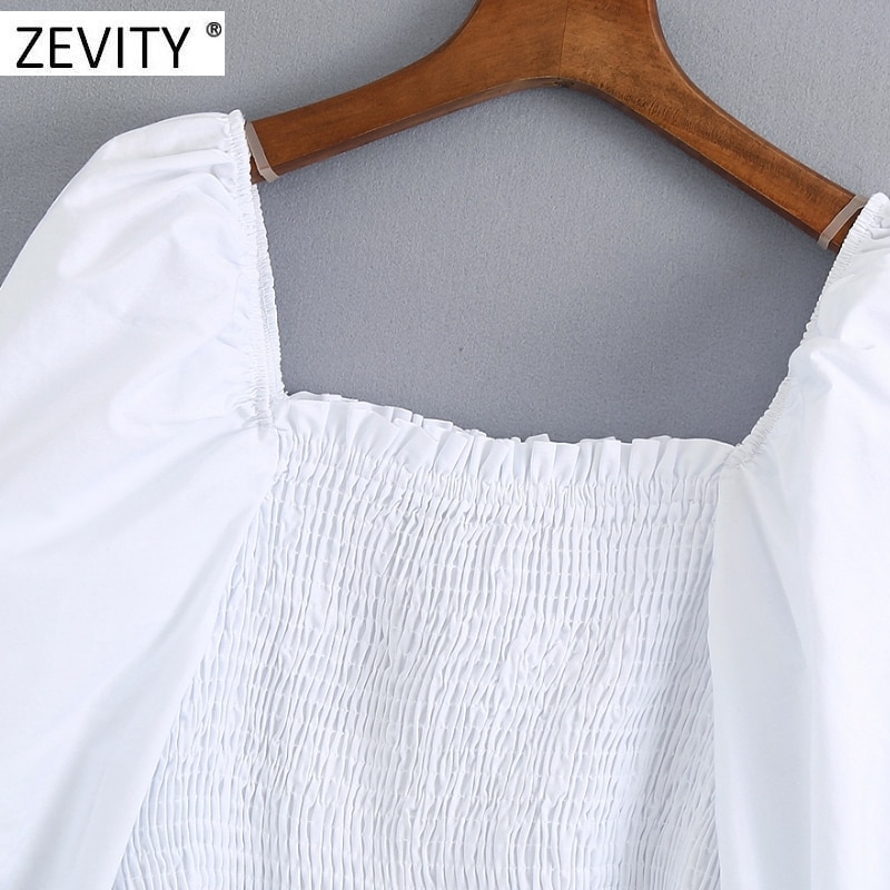 Zevity dames vierkante kraag elastische poplin smock blouse dames pofmouw slanke witte shirts chique cropped tops  ls7033