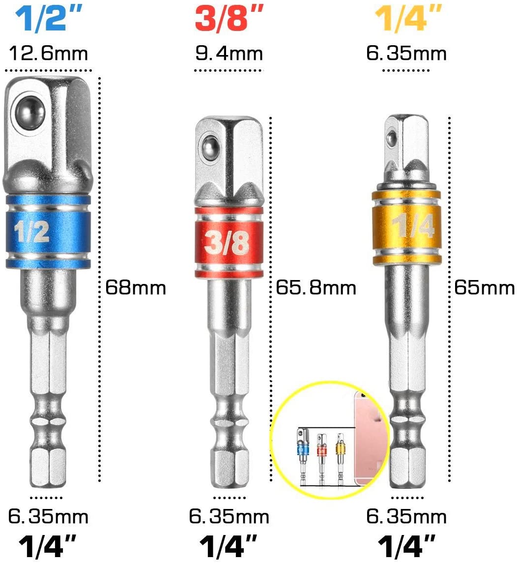 3 Pcs Drill Socket Adapter Impact Drill Extension Drill Bits Bar Socket Adapter 1/4 3/8 1/2 Size Hex Shank Square Head Drill Bit