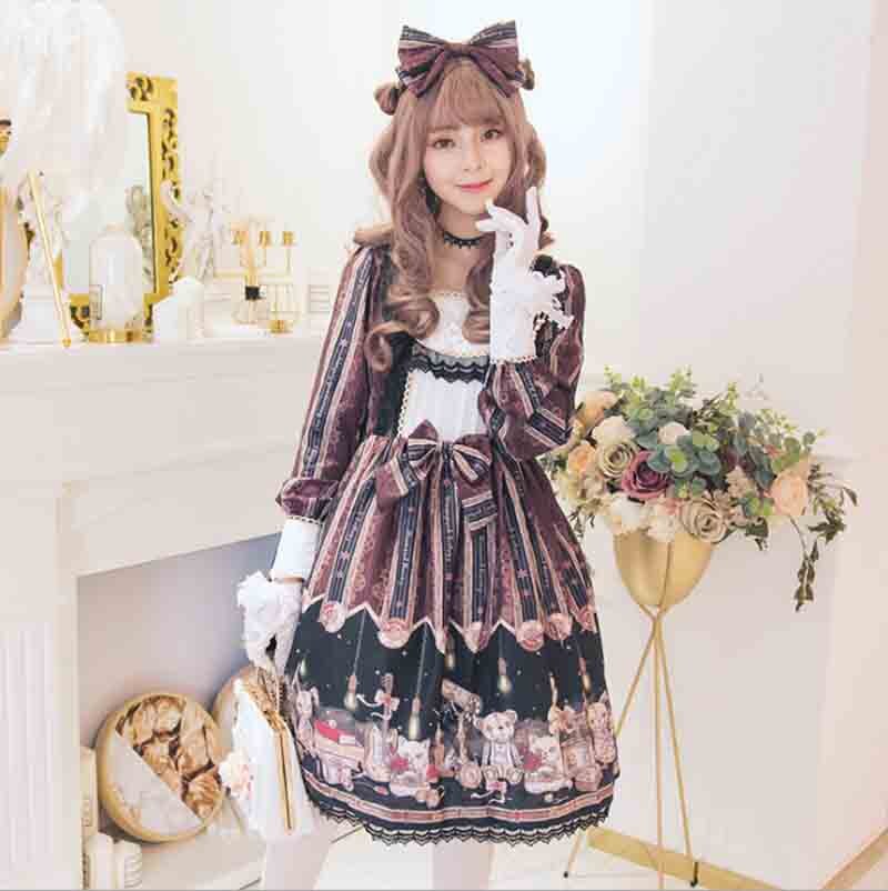 Steampunk vintage langærmet lolita kjole japansk op lolita kjole kvinder sommer jsk lolita kjole til kvinder plus str.: Mørk op hovedbeklædning / L