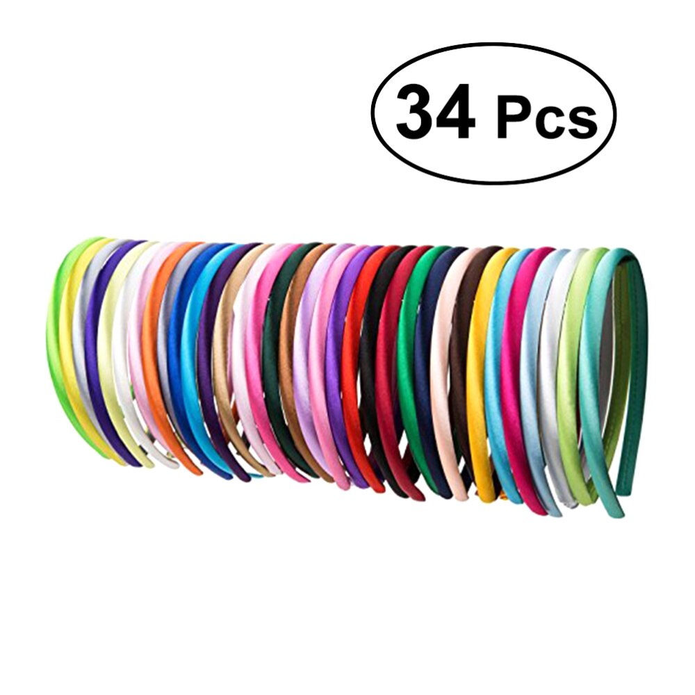 34pcs 1cm Width Satin Headband Beautiful Flexible Satin Covered Headbands for Women Girls Ladies (34 Colors)