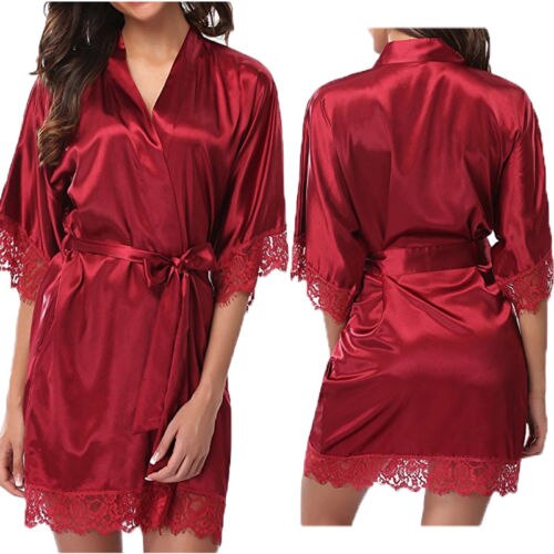 Women Summer Silk Satin Half Sleeve Lace Bandage V-Neck Sleepwear: Red